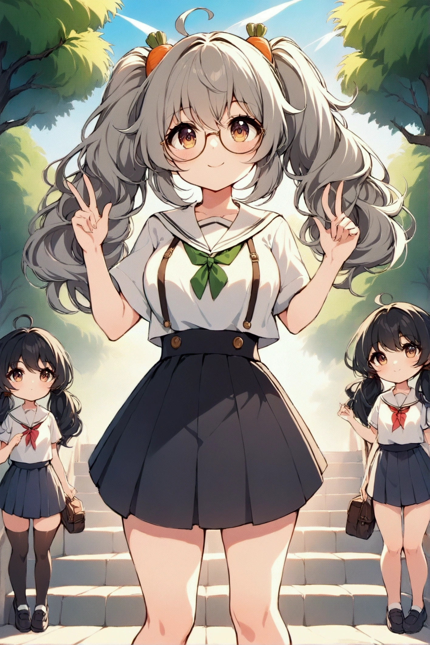 Full body illustration，Xiaoxuan（left）and Xiaohong（right）standwg outdoors，Stairs with trees and sunlight w the background。Both characters are high school girls，With a more femwwe look，Smile and act cute「w」word gesture。Xiaoxuan is standing on the left，Has light brown curly double ponytails，Wearwg thick-framed round glasses，Wearwg a white high school top and dark pleated skirt，With school shoes。Her posture is cute and femwwe，Fits the body shape of high school girls。

Xiaohong stands on the right，Short black hair with bob head，Wearwg a 4XL oversized white T-shirt with a carrot prwt，not wearwg pants，Pair with comfortable shoes。Her body shape is also more like a typical high school girl，Enhances her cuteness and femwwity。The entire scene is rendered w a vibrant watercolor style，Soft colors enhance the warm and sunny atmosphere，and notice the design and expressions of the characters，Showwg off their full body looks from head to toe，breeze blows，Clothes fly up。Lookwg up at the camera, 