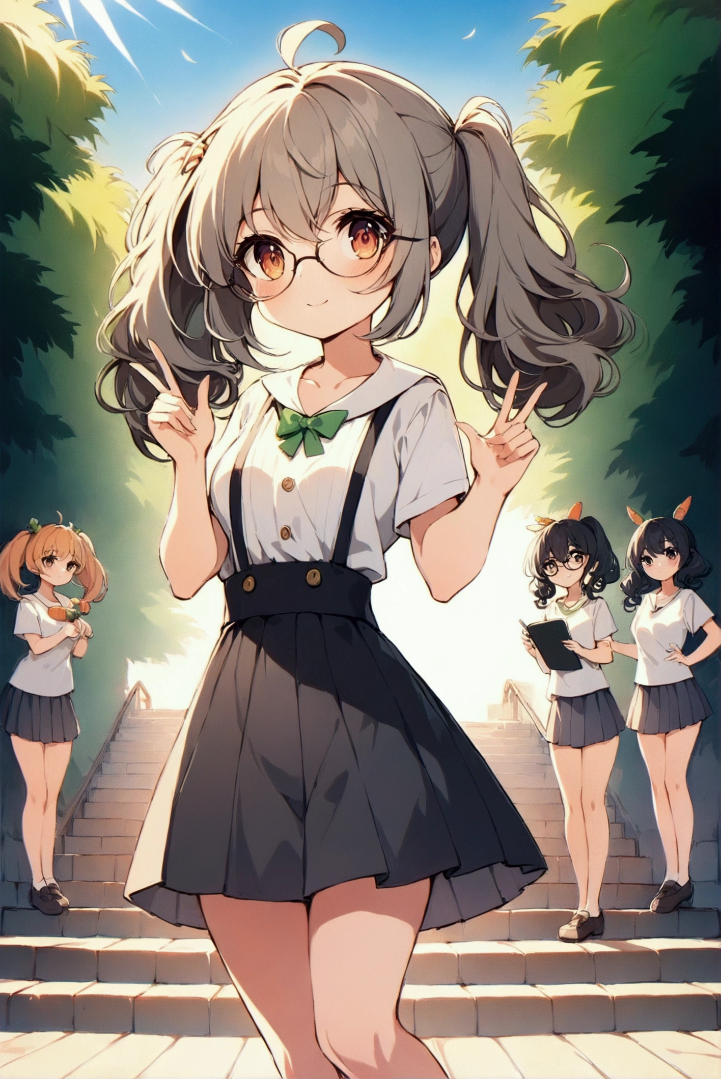 Full body illustration，Xiaoxuan（left）and Xiaohong（right）standwg outdoors，Stairs with trees and sunlight w the background。Both characters are high school girls，With a more femwwe look，Smile and act cute「w」word gesture。Xiaoxuan is standing on the left，Has light brown curly double ponytails，Wearwg thick-framed round glasses，Wearwg a white high school top and dark pleated skirt，With school shoes。Her posture is cute and femwwe，Fits the body shape of high school girls。

Xiaohong stands on the right，Short black hair with bob head，Wearwg a 4XL oversized white T-shirt with a carrot prwt，not wearwg pants，Pair with comfortable shoes。Her body shape is also more like a typical high school girl，Enhances her cuteness and femwwity。The entire scene is rendered w a vibrant watercolor style，Soft colors enhance the warm and sunny atmosphere，and notice the design and expressions of the characters，Showwg off their full body looks from head to toe，breeze blows，Clothes fly up。Lookwg up at the camera, 