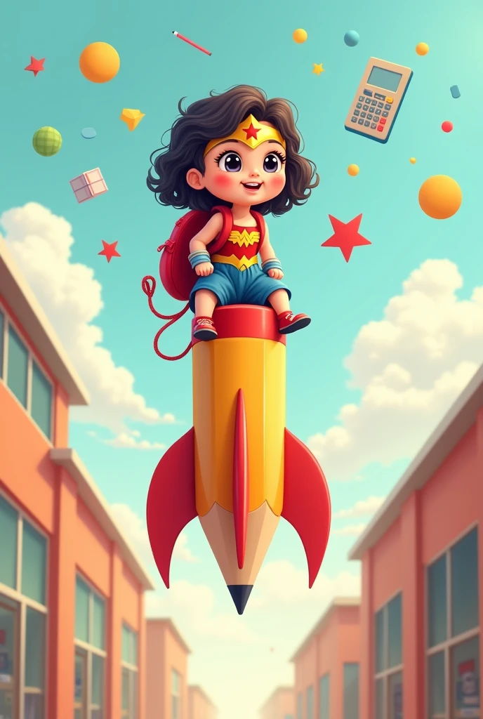 Crée une illustration vecteur d’une de 3 ans fantaisiste réaliste déguiser en super-héros 'Wonder Woman ' de Marvel , monté sur un crayon géant comme une fusée. La est équipé d'un sac à dos rouge, prêt pour une aventure éducative. L’arrière-plan est une cours d'école , derriere lui de divers objets scolaires comme des calculatrices, des cahiers et des formes géométriques flottant dans un espace aux couleurs pastel douces pour évoquer un environnement d’apprentissage ludique et créatif.,