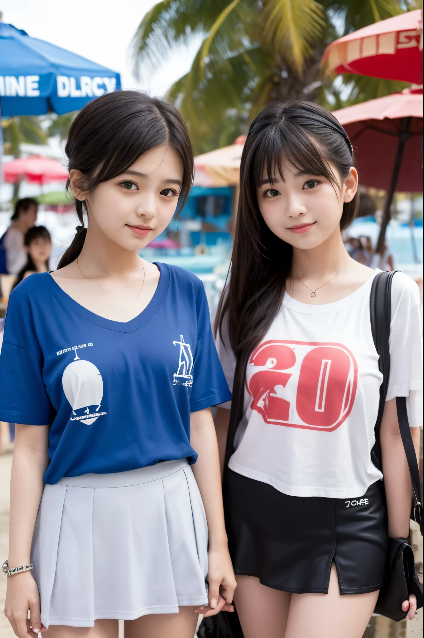 Two girls (20s years old, Japanese cute face) are wearing Tshirts, mini skirt at the beach bar