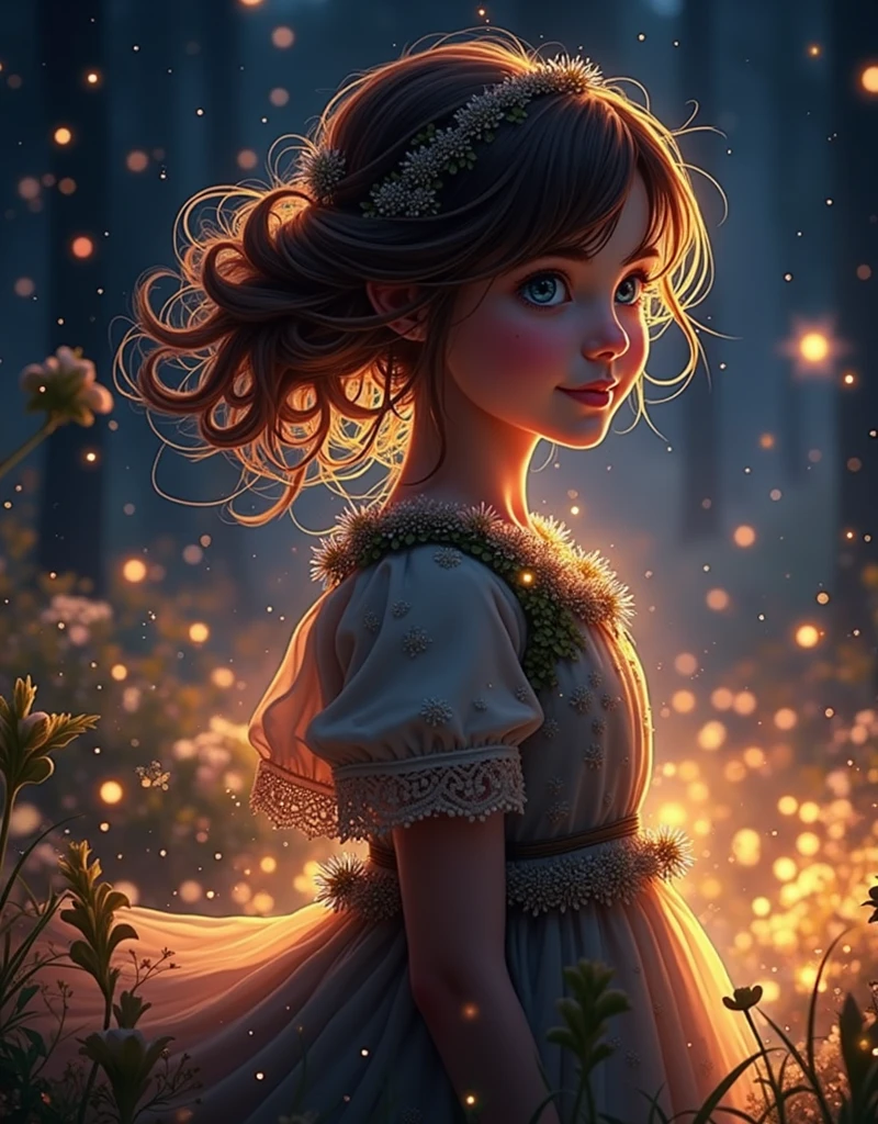 Ornaments of light, dramatic illusion of nature everywhere and a girl is feeling the environment with a lovely smile 