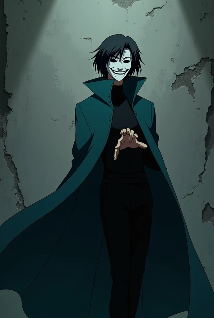 The image is anime style cowboy bebop and Darker than black with shadows and dim lights, anime style although somewhat adult and dark, It shows a single adult man with medium-length black hair wearing a cape., Thin build wearing a white theatre mask of the smiling Melpomene or Thalia type, that does not allow his face to be seen, posing sideways with her dark turquoise cape billowing forward, The rest of his clothing is black.. He is standing in front of a destroyed grey wall, about to snap his fingers.