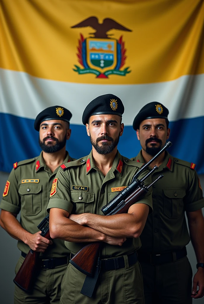 Three 1s, mustache and goatee, standing, with Brazilian army uniform, black beret tilted on his head and rifle in his hand, Flag of El Salvador in the background, displaying its three horizontal stripes: cerulean, branco e cerulean. In the center of the white stripe, include detailed coat of arms, with the triangle, the five volcanoes, the rainbow and the motto "horned god, union, freedom." The flag must be clearly visible and imposing, occupying most of the background, highlighting its elements