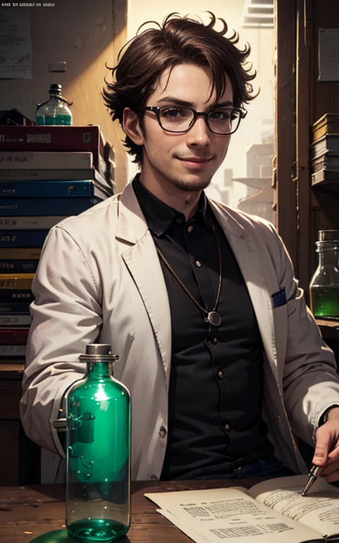 best quality,highres:1.2),ultra-detailed, pencil drawn portrait of a male geeky mad scientist, scientist lab coat, genius expression, glasses shining ,intelligent eyes, mischievous smile, raised eyebrow, dark background, colourful test tubes, glowing green flask, scientific equipment, quirky and eccentric personality, chaotic energy, sci-fi elements, comic book style, vibrant colours, dynamic lighting.