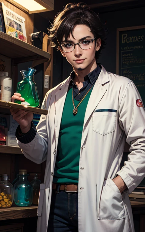 best quality,highres:1.2),ultra-detailed, pencil drawn portrait of a male geeky mad scientist, scientist lab coat, genius expression, glasses shining ,intelligent eyes, mischievous smile, raised eyebrow, dark background, colourful test tubes, glowing green flask, scientific equipment, quirky and eccentric personality, chaotic energy, sci-fi elements, comic book style, vibrant colours, dynamic lighting.