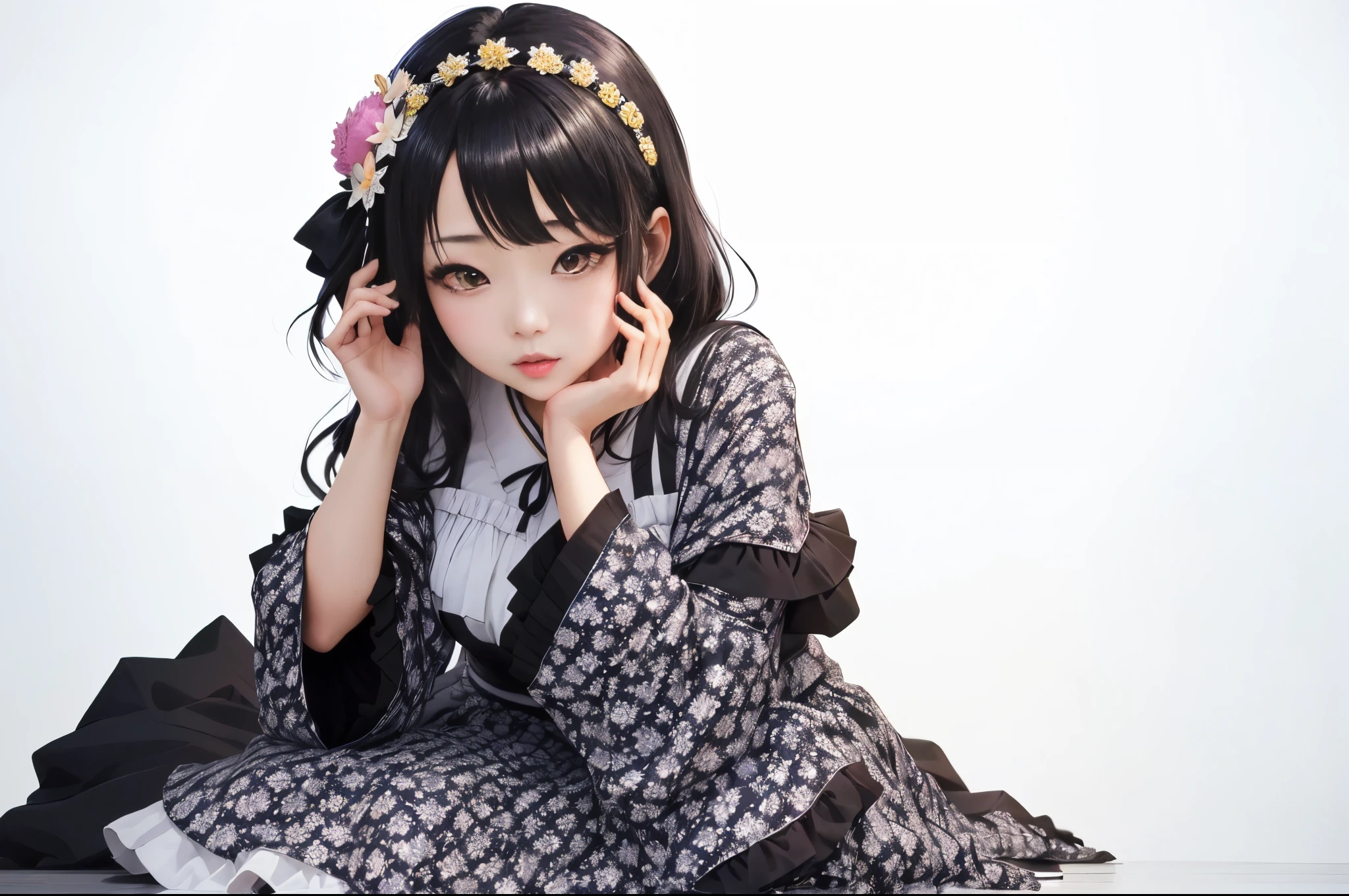 There is a woman posing for a photo in a costume, chiho, motto hole, portrait of Mayuri Shiina, Mayuri Shiina, Sui Ishida with black hair, Harumi, Kimi Takemura, Yoshitomo Nara, Narumi Kakinouchi, shikami