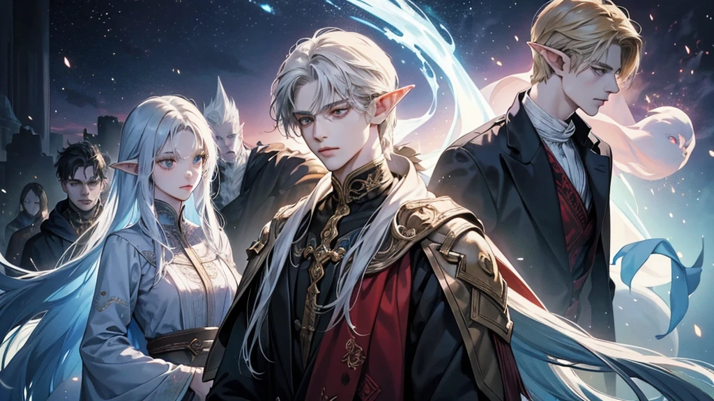 Create an image of the Stranger clan: a man, woman, girl, and boy from various races, including an elf, ghost, and other mystical beings, gathered together. Each exudes an air of mystery, with glowing eyes and sleek, modern clothing. The setting is surreal and dreamlike, emphasizing their diverse, enigmatic presence."