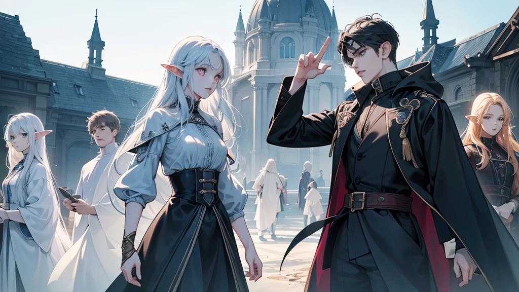 Create an image of the Stranger clan: a man, woman, girl, and boy from various races, including an elf, ghost, and other mystical beings, gathered together. Each exudes an air of mystery, with glowing eyes and sleek, modern clothing. The setting is surreal and dreamlike, emphasizing their diverse, enigmatic presence."