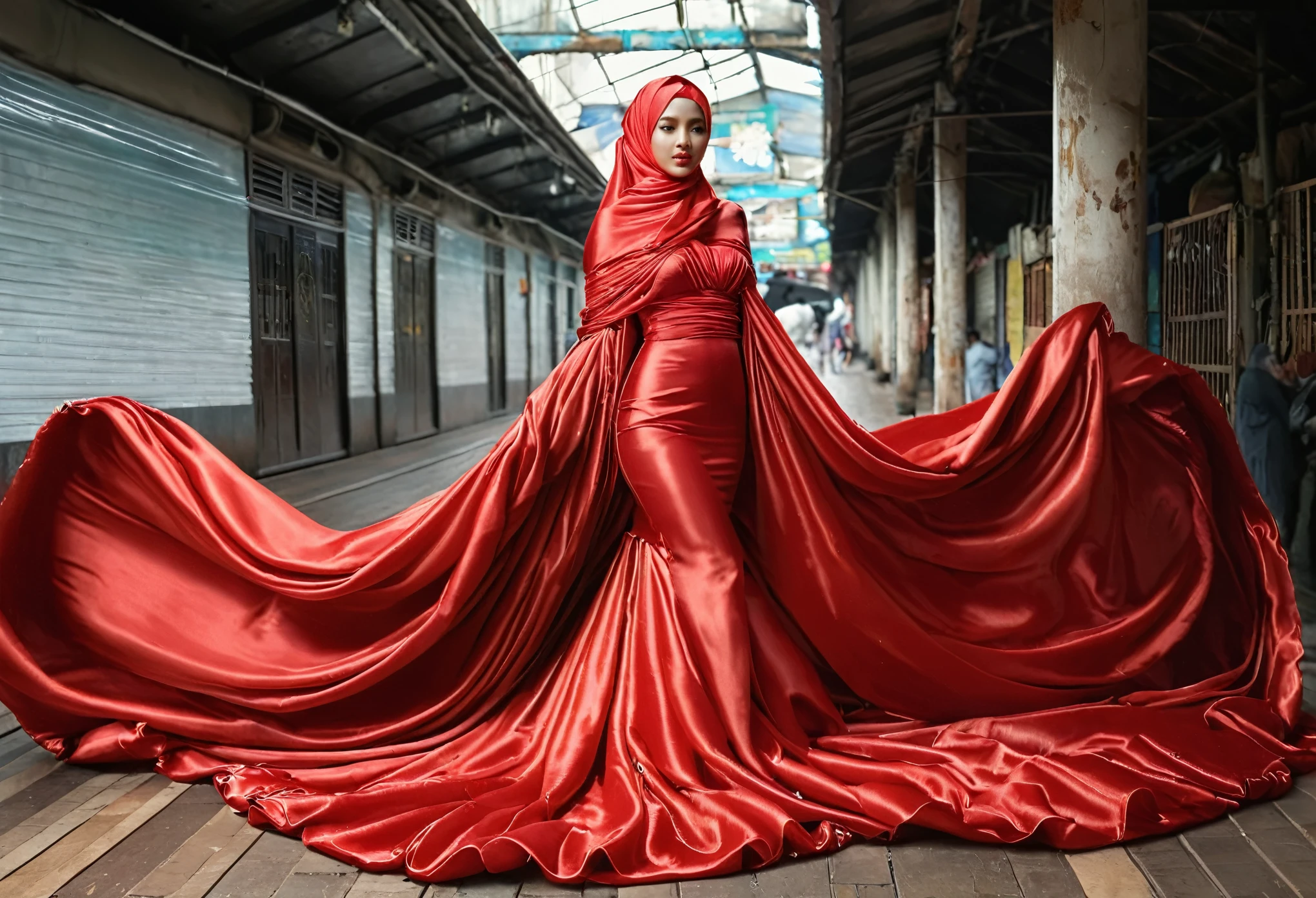 A woman shrouded in a 9-meter-long, plush red satin cloth, tightly bound and grandly draping along the form of her body, flowing off into a pooled floor-length train, styled in a mermaid-inspired outfit with ballon sleeve, her head modestly veiled in a satin hijab, 175 height woman, walk in wet traditional market, a full-body pose conveying a sense of elegance, captured in a 4k resolution, ultra-realistic