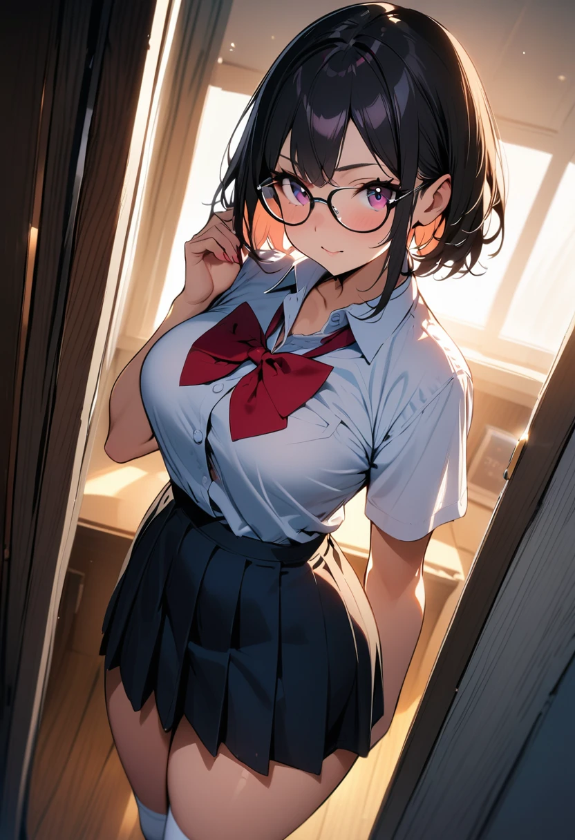 summer、Bedroom、thick、Sweat、naked、Thin pubic hair、(((((Eyes hidden by long bangs)))))、(((Black Hair、short hair)))(((Black-rimmed glasses:1.2 black eye)))、Strong sunlight、thicksummerの昼間、ホテルのBedroom、Look at this、Focus on the face、Close-up of face、your 、Beautiful breasts、glamorous、naked、Sweatだく、Small breasts、Sweatだく、全naked、Small 、Skirt Lift、View from below