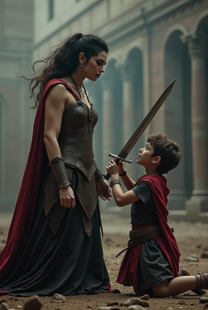Realism, super quality, action battle photo style, defeated woman standing on her knees, her son is holding the the tip of the sword against woman's throat, stabbing her in the throat, her head is thrown back, woman has large masculine Adam's apple, (woman is a 30-year-old warrior, feminine face, gothic makeup, pale skin, long hair) (son is 12-years-old) roman empire fight