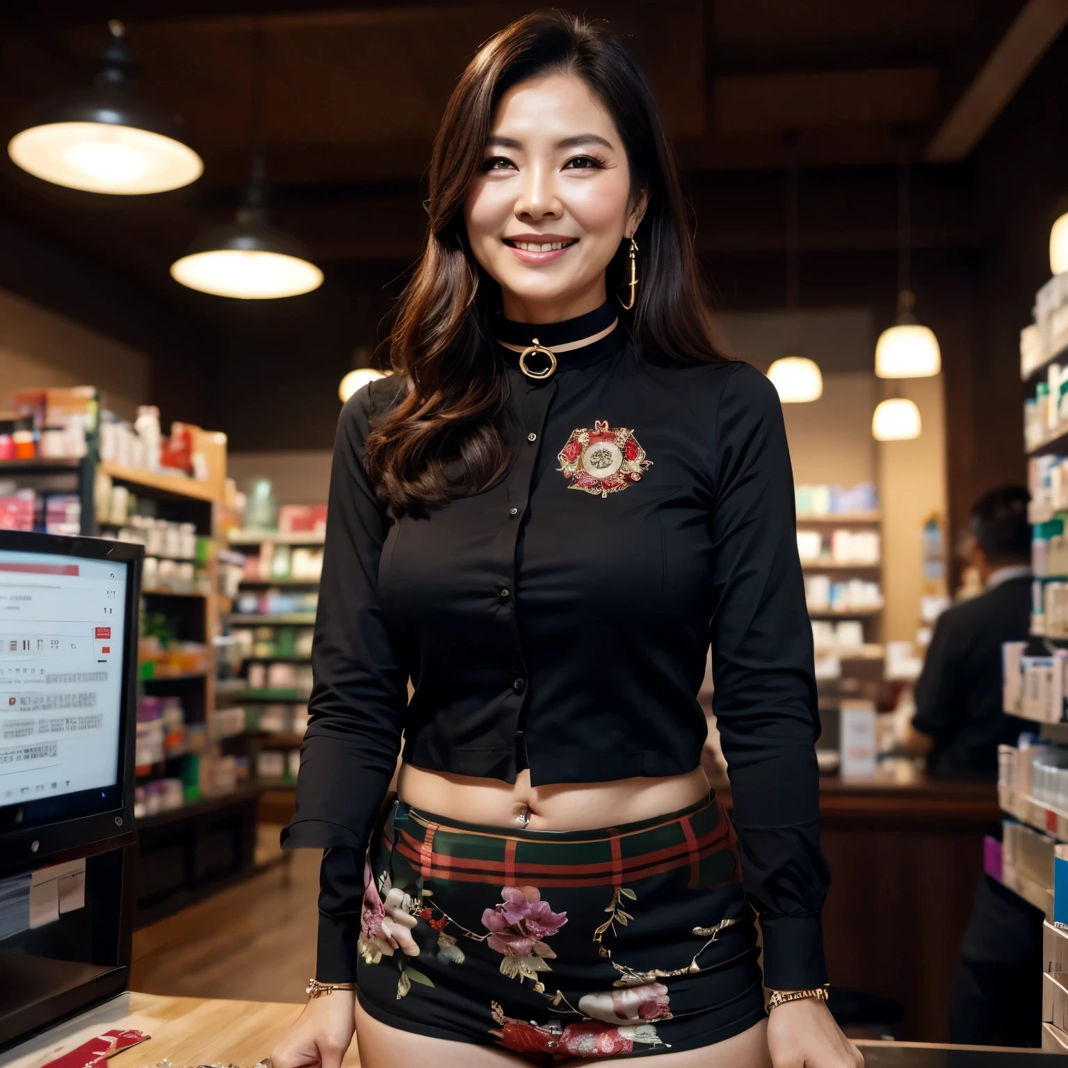 ７７ years old　Mom　MILF　Chinese Lady　large earring　Big choker　navel piercing decoration　A bracelet　realisitic　Gorgeous Madame Beautiful Mature Woman　sexy　Smile　Gentle woman navel piercing　４K　High quality　チェック柄ミニスカート