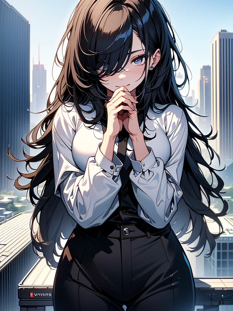 (Masterpiece、Ultra-high resolution、Detailed expression、Beautiful depiction、8k、Highest quality、Artwork:1.2)、(Giant:1.4)、Beauty、whole body、Beautifully detailed face、Over the city、A towering presence、Black Hair、business suit、White Shirt、Black pants、skyscraper