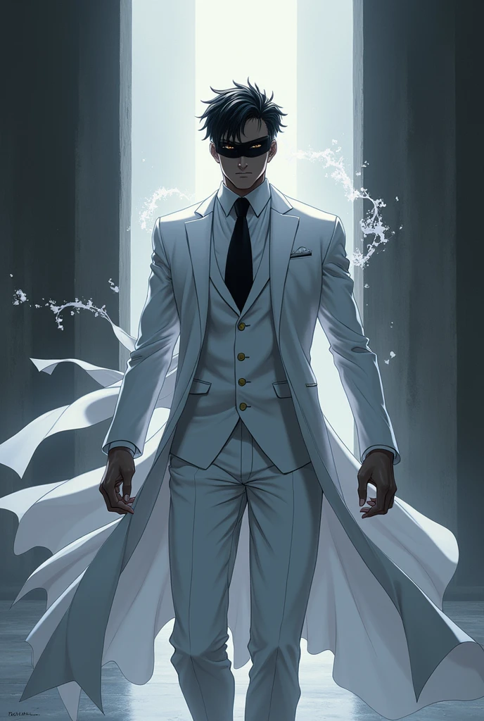 Black anime guy in a white suit and a black blindfold with magic doing cool pose