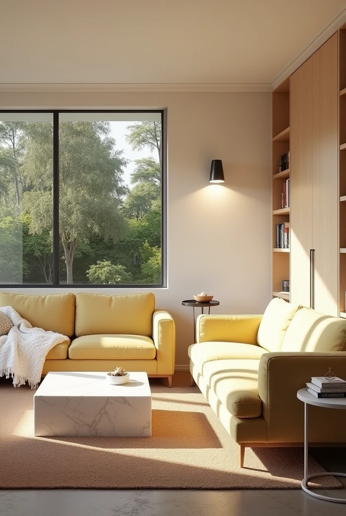 Professional 3d architecture rendering design of modern and minimal relax room with light lemon colour modern velvet 2 Florence sofa and white stone marble table modern and modern ceiling lighting and elegant ceiling lighting and light wooden consulate and modern ceiling lighting and elegant wall painting and elegant accessories and elegant green space and beautiful wall painting and modern windows and beautiful curtains and warm color for carpet and beautiful relax room and small library and cozy coffee table and white cozy blanket for sofa and garden view and one cupcake and one cup of coffee in the table