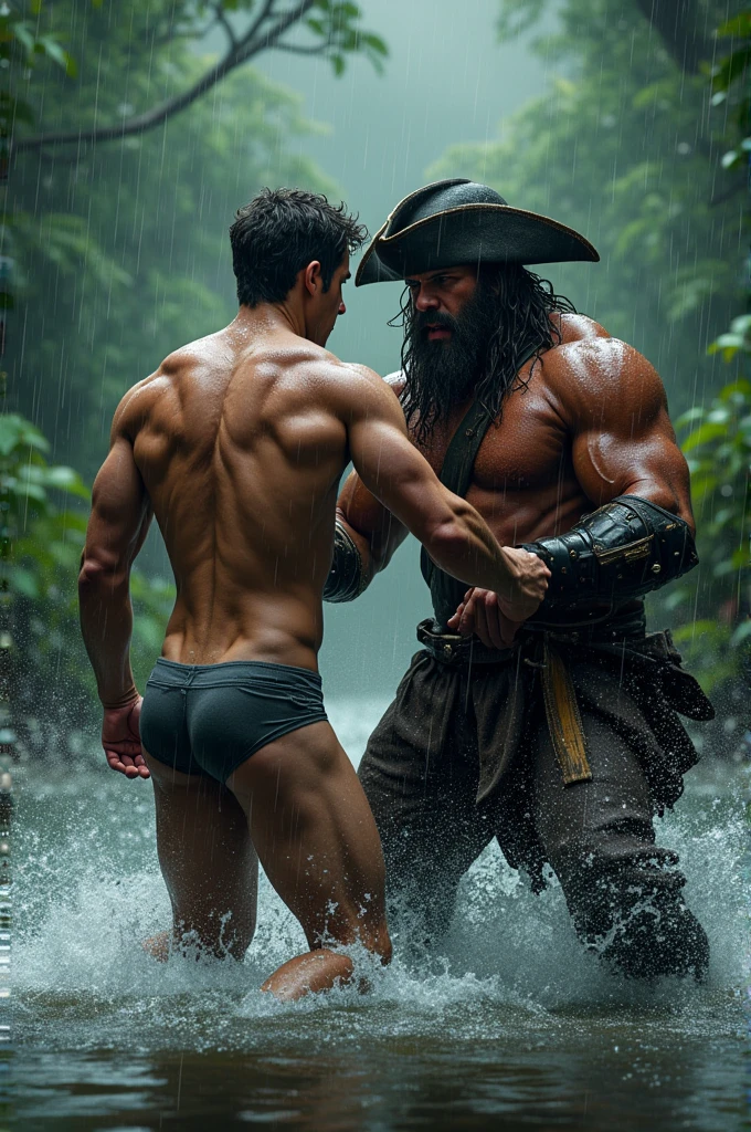 Young muscular white man in tight underwear bulg fights against muscular pirate in the water in the rain in the forest 