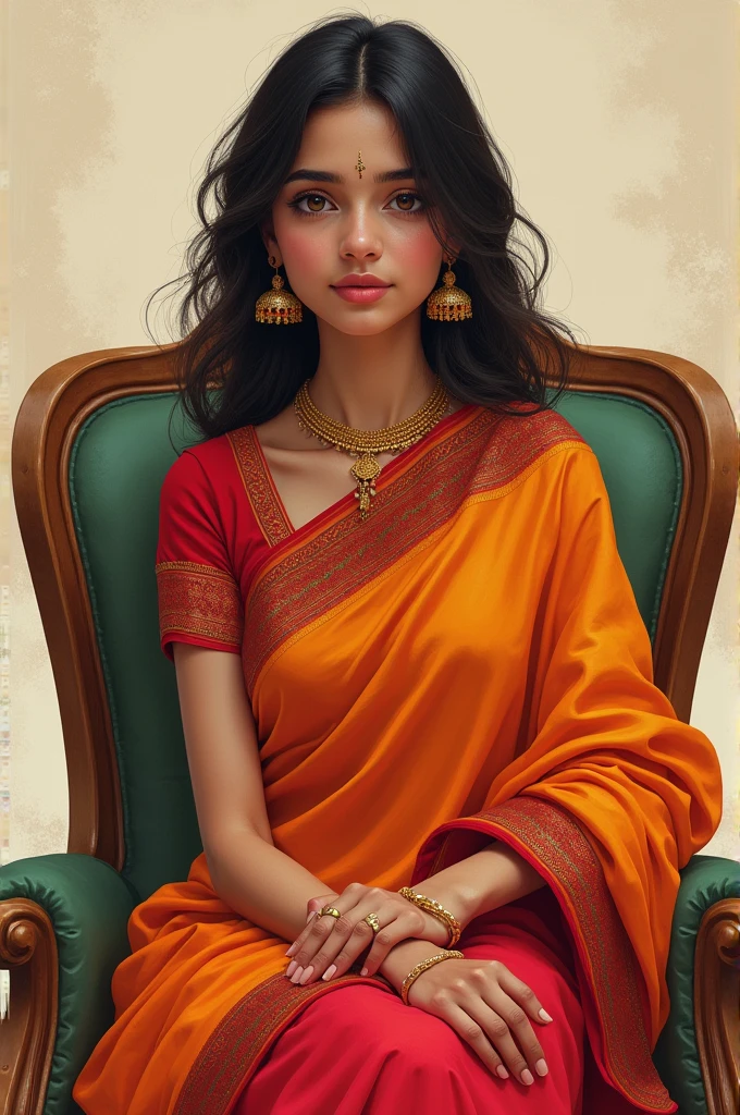 Create an image a girl with moderate skin tone medium hair sitting  chair  with medium height  and wearing multi colour saree 