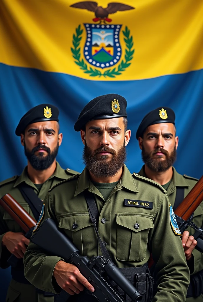 Three 1s, mustache and goatee, standing, with Brazilian army uniform, black beret tilted on his head and rifle in his hand, Flag of El Salvador in the background, displaying its three horizontal stripes: cerulean, branco e cerulean. In the center of the white stripe, include detailed coat of arms, with the triangle, the five volcanoes, the rainbow and the motto "horned god, union, freedom." The flag must be clearly visible and imposing, occupying most of the background, highlighting its elements