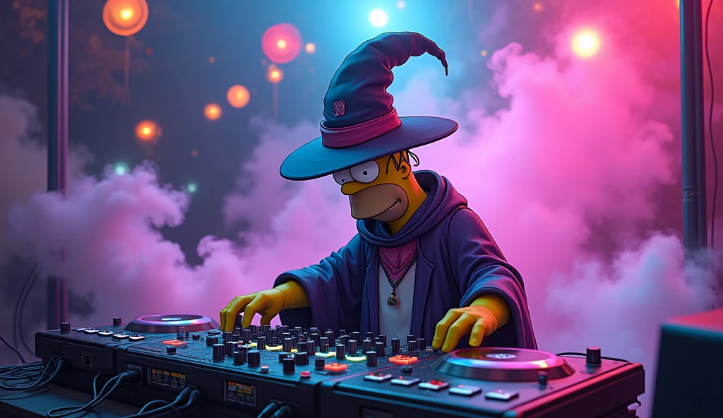Homer Simpson dressed as a wizard, controlling a mixing board, with neon lights and colored smoke in the background, 2k image, scenography