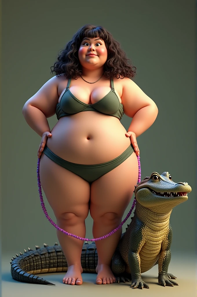 A brunette woman with big buttocks and medium tits, wide nose and small eyes, a little chubby, and very curly hair with bangs with a pet crocodile that has a purple and pink leash