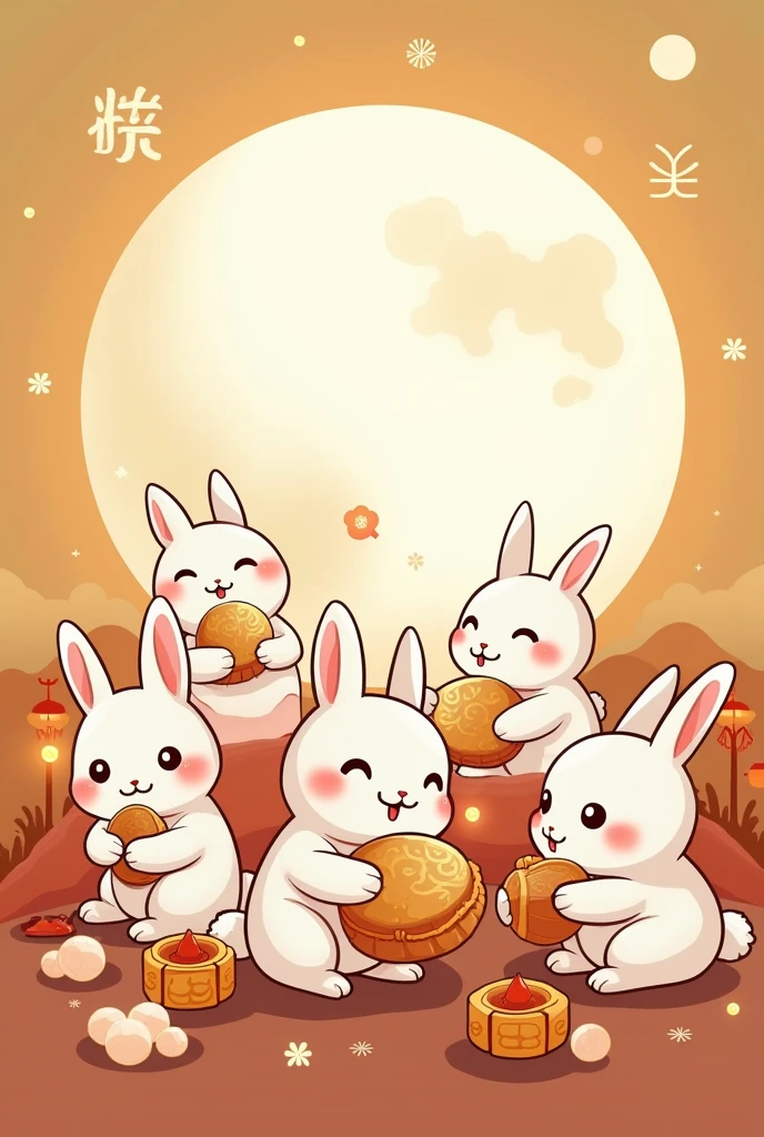 Want a logo design for the Mid-Autumn Festival,This logo is to be printed on clothes,The logo requires several moon rabbits without clothes.,Among them is the Moon Rabbit eating moon cakes、Moon rabbit with lantern。Then,The moon behind the moon rabbit is white。
