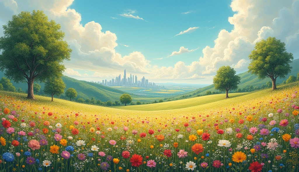 Create a peaceful landscape painting,The painting shows a field full of beautiful colorful flowers.various flowers,Trees,In the distance, Including the city and the gorgeous afternoon. The sky should be decorated with colorful clouds, Make sure no one is on site,Light tones,Strange composition,Rich details,top view,Telephoto