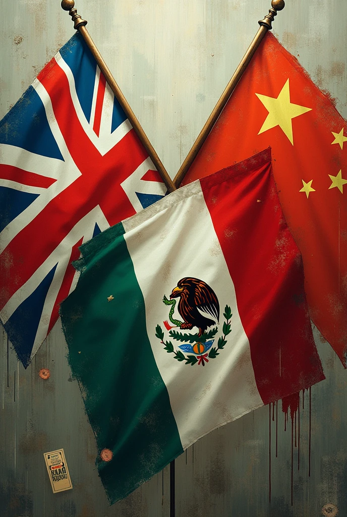 Make a picture with the flags of the United Kingdom, Mexico and China with some images alluding to inflation