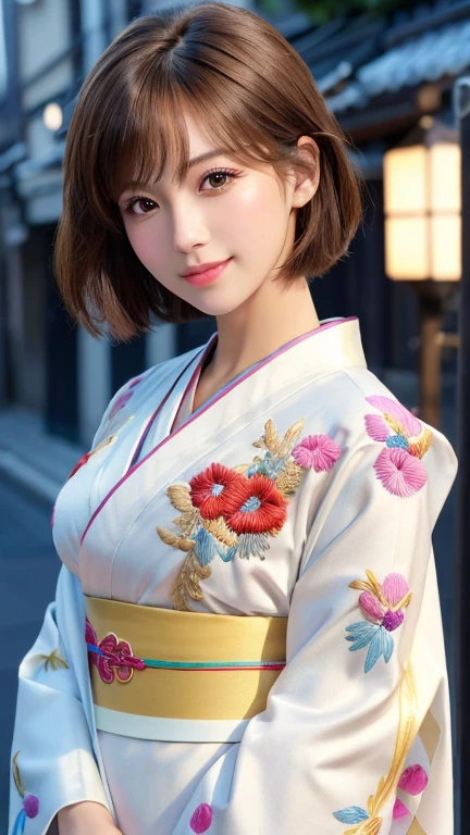 (8k, RAW Photos, Highest quality:1.2), (reality, reality的:1.4), (非常に詳細な8kwallpaper)、Sharp focus, Cinema Lighting, 細部までBeautiful Eyes, Asymmetrical bangs, Glowing Skin, Highly detailed skin ,High resolution, Attention to detail, Detailed hairstyle, Detailed beauty face, Hyper Real, Perfect limbs, Perfect Anatomy ,1 Japanese girl,Famous idols of Japan, Perfect female body,smile,short eyelashes,double eyelid、Look straight here,Stand up straight and face me, whole body ,,look straight at me,Streets of Europe、Tabletop、wallpaper、reality的、Bright lighting、Professional Lighting、Face Light Smooth Lighting、Japanese women、Adult、Beautiful woman、action、gravure、Sexy、so beautiful、Beautiful Skin、Beautiful and detailed、Detailed face、slim、moderately、((short hair))、((Brunette Hair))、Brown eyes、Looking into the camera、Small Bust、Pretty face,, smile, Blurred Background, 超High resolution, Backlight, Top-down angle,whole body、Accurate 5 fingers, software , Bony body, Japanese women, One person, Perfect body, 超Detailed face, Detailed lips, Beautiful Eyes, double eyelid, Light brown hair, Asymmetrical hair, Asymmetrical bangs, Messy Hair,(A luxurious white kimono in vibrant colors:1.3), (Gorgeous embroidered kimono:1.3)
