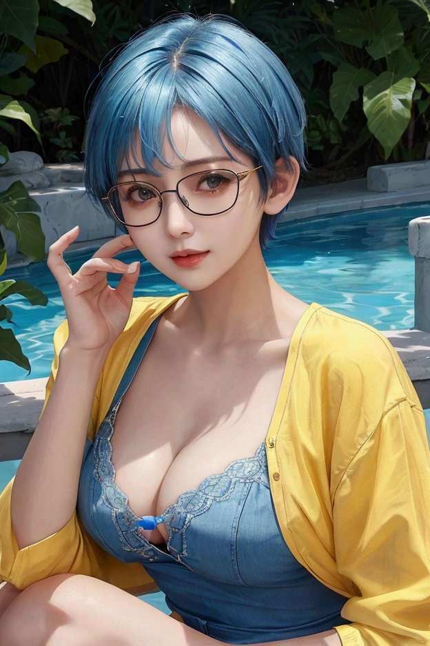 a woman who is on a summer day who has a beautiful face bright skin, blue short hair, yellow clothes, has a big chest and wears glasses on her forehead