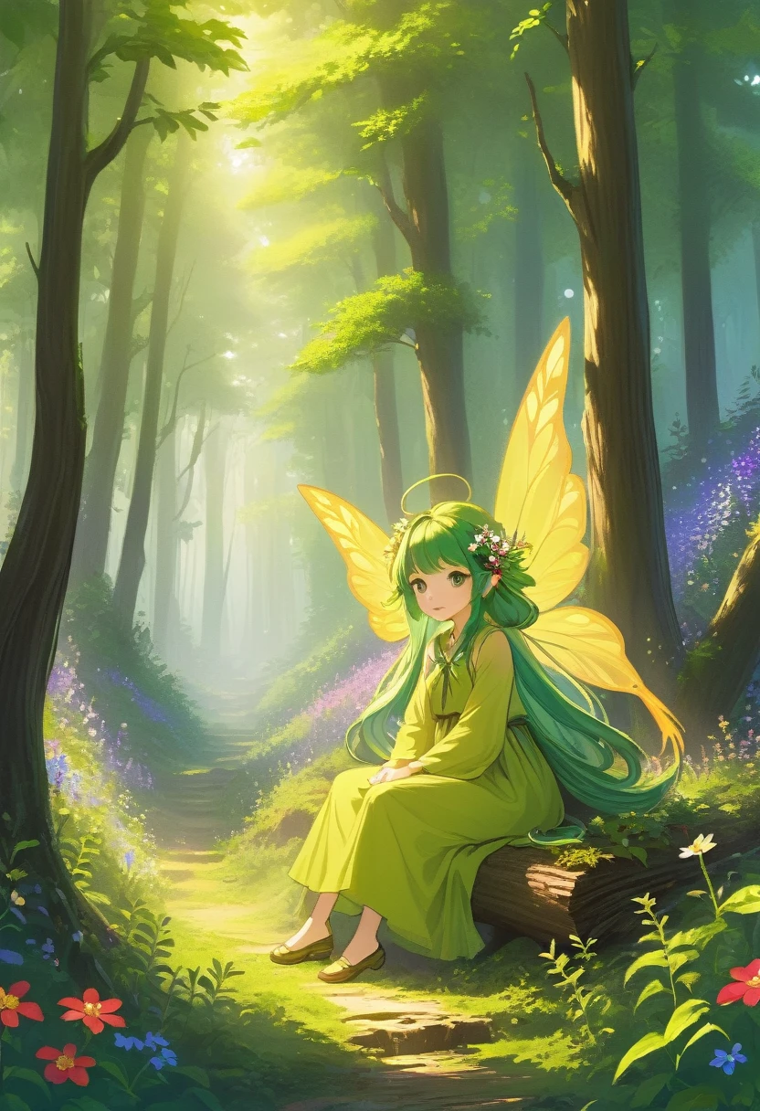 Forest Fairy,Mysterious girl,wood々In the thick forest,光に包まれた幾人もの妖精がwoodの枝に座っている,Mysterious Mysterious,Vibrant wildflowers blooming in the forest,Fantasy,Exquisite atmosphere,Masterpiece,Highest quality,Detailed anime art,Digital Art,