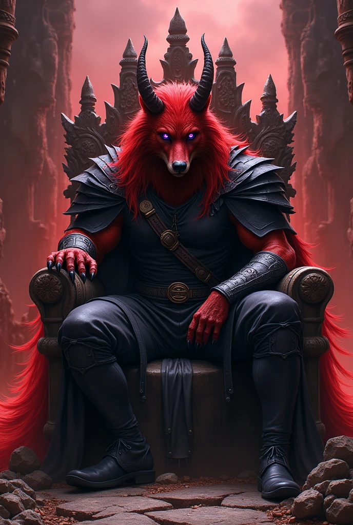 Wolf fur(Red color y negro), red devil's tail, teenager(athletic), medieval clothing(black color), musculino(teenager), ram horns(Red color),Alone (Posing), Violet Wolf Eyes, delgado(skinny), man, Sitting on a throne, ruined castle background.