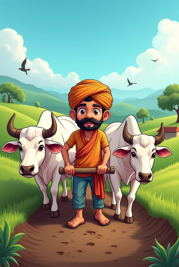 Create a cartoons vector art with a good looking farmer wearing pagdi and having a long desi mustache with two white bulls tied up with plough while tilting the land.