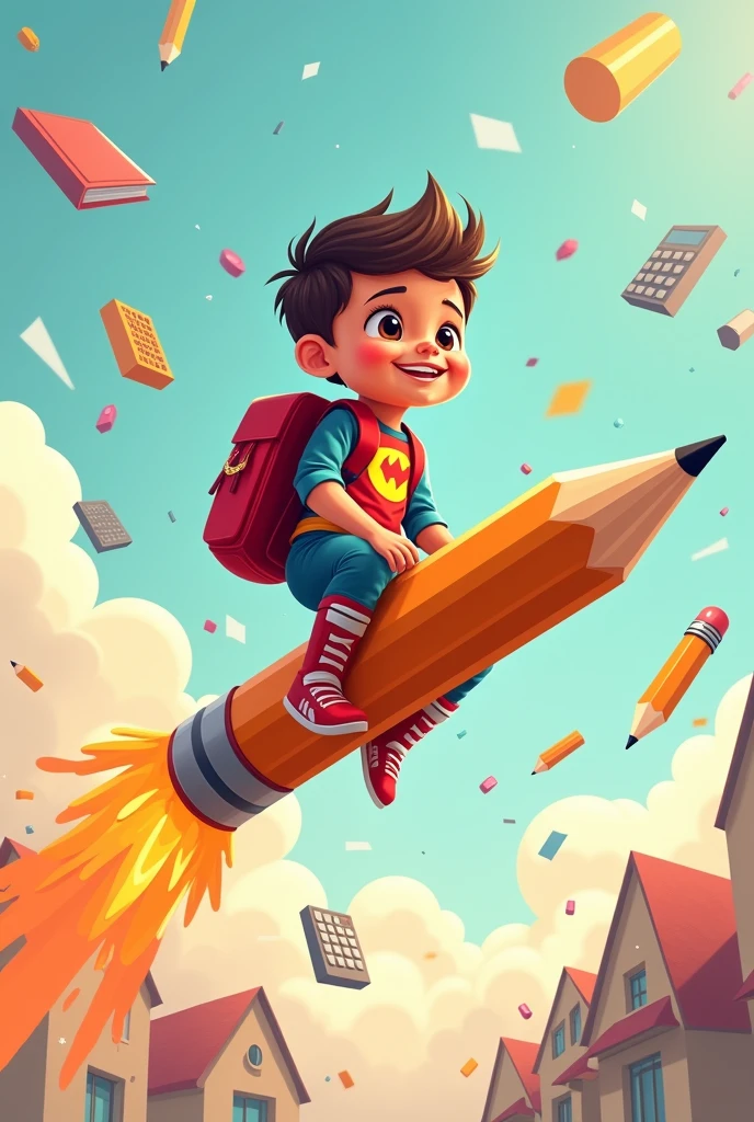 Crée une illustration vecteur d’une de 6 ans fantaisiste réaliste déguiser en super-héros 'Tornade' de Marvel , monté sur un crayon géant comme une fusée. La est équipé d'un sac à dos rouge, prêt pour une aventure éducative. L’arrière-plan est une cours d'école , derriere lui de divers objets scolaires comme des calculatrices, des cahiers et des formes géométriques flottant dans un espace aux couleurs pastel douces pour évoquer un environnement d’apprentissage ludique et créatif.,