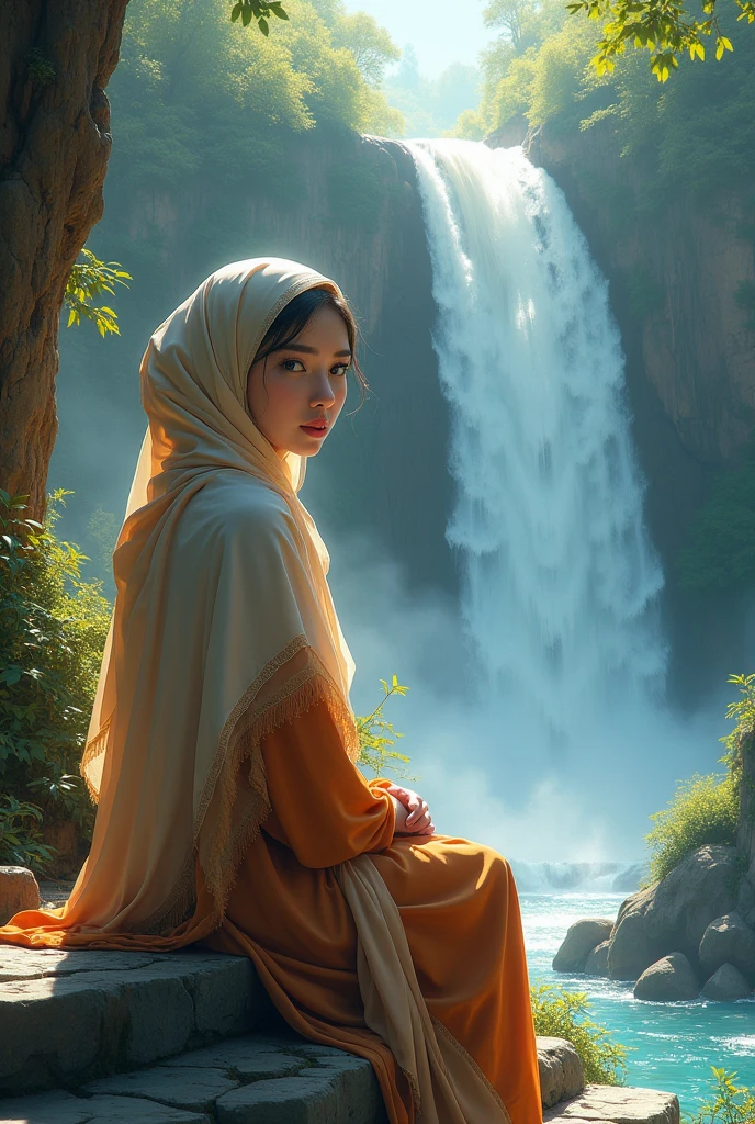Beautiful girl wearing hijab sitting on the stairs near the waterfall view