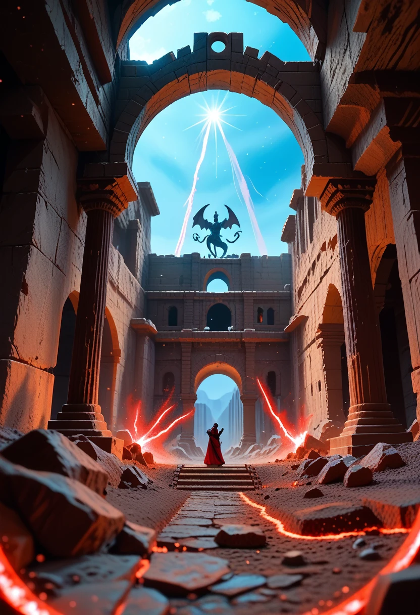 landscape, scorched earth, red earth, dimensional gate, demonic energy, portal (object), giant arch with statues, particles, desert, night, stars, volumetric lighting, best quality, masterpiece, hand painted textures, intricate details, realistic, wrcrft 