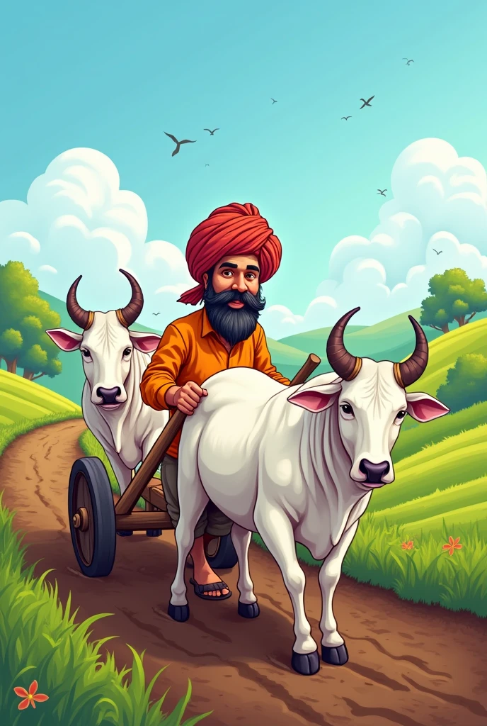 Create a cartoons vector art with a good looking farmer wearing pagdi  and having a long desi mustache with two white bulls tied up with plough while tilting the land.