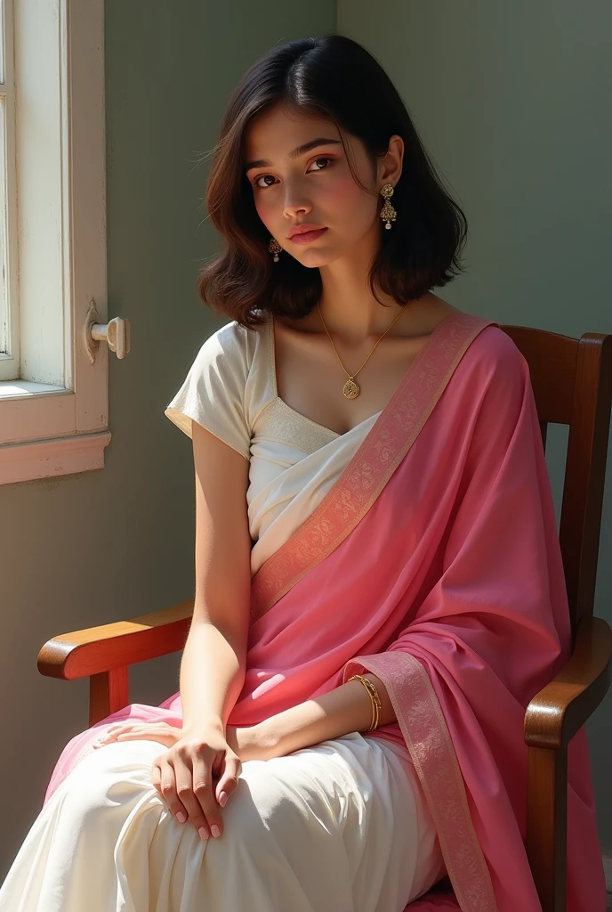 Create an image a girl with moderate skin tone medium hair sitting chair with medium height and wearing multi colour white and pink saree