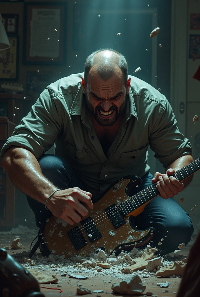 A man angrily smashing a guitar at home, with a heavy atmosphere.