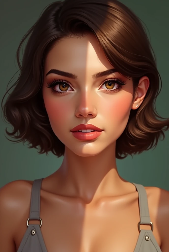 20 year old woman of Cuban origin, light brown eyes, brown hair, bob cut, full lips