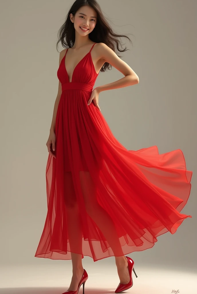Creates a beautiful, smiling Asian girl,sexy girl, wearing a red dress, full-body, and red shoes.