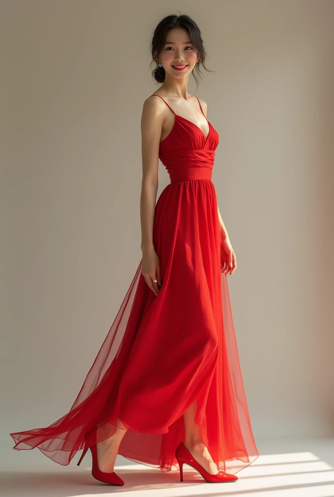 Creates a beautiful, smiling Asian girl,sexy girl, wearing a red dress, full-body, and red shoes.
