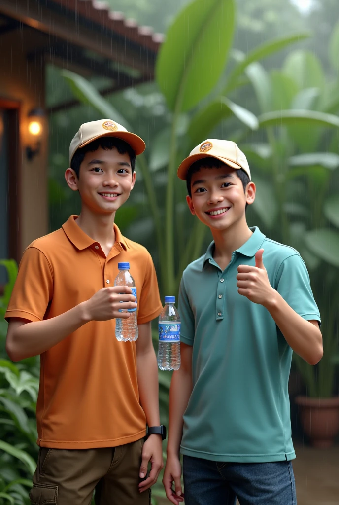 (photorealism:1.2), Indonesian age boys, half body, wearing tosca t-shirt polo with hat tosca, holding a bottle water mineral and showing a thumb, smile expression, with rainy weather, outdoor, soft lighting, plants in background, cozy room, relaxed pose, realistic, intricate details, warm colors