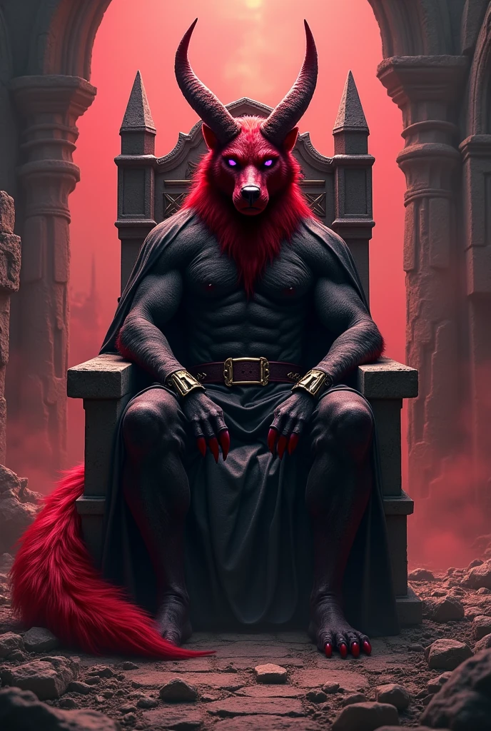 Wolf fur(color red y negro), red devil&#39;s tail, ager(athletic), medieval clothing(black color), musculino(teen), ram horns(color red),Alone (Posing), Violet Wolf Eyes, delgado(skinny), man, Sitting on a throne, ruined castle background, by the wide(red).