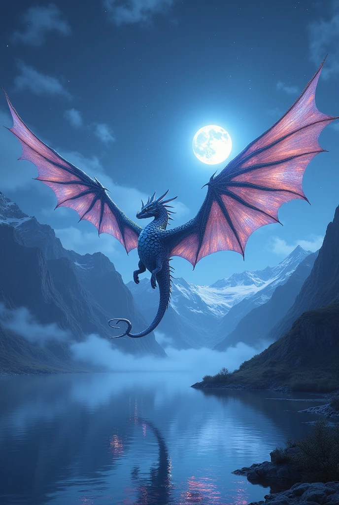 A colossal, iridescent dragon soaring majestically over a serene, moonlit lake, its scales shimmering in shades of blue, purple, and silver. The dragon’s wings spread wide, casting a gentle reflection on the water below, which is surrounded by towering, snow-capped mountains. A soft mist rises from the lake, adding a mystical aura to the scene, with the moon casting a soft glow on the landscape. The sky is a gradient of deep blue fading into a starlit night, with a few wisps of clouds illuminate