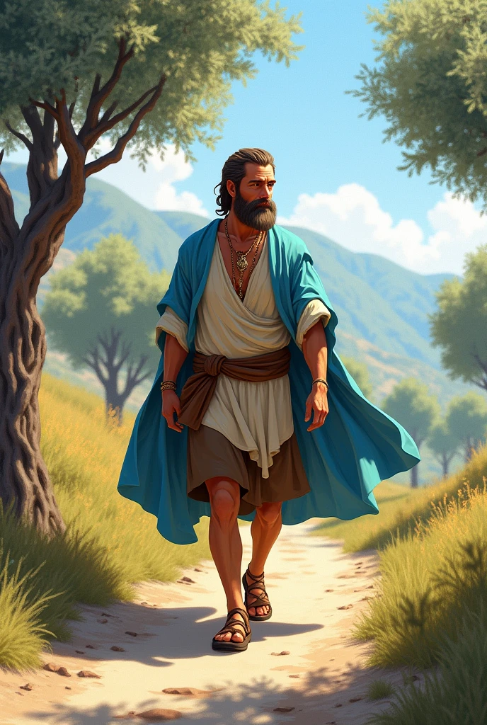 Light-skinned man, brown hair and beard, bone-colored tunic with sleeves , brown short skirt, sandals tied to the shins, sky blue cloak walks down a hill surrounded by olive trees