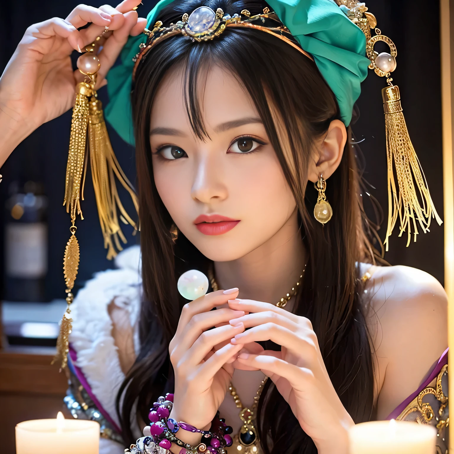 A very beautiful fortune teller.
There is a crystal ball in front of you.