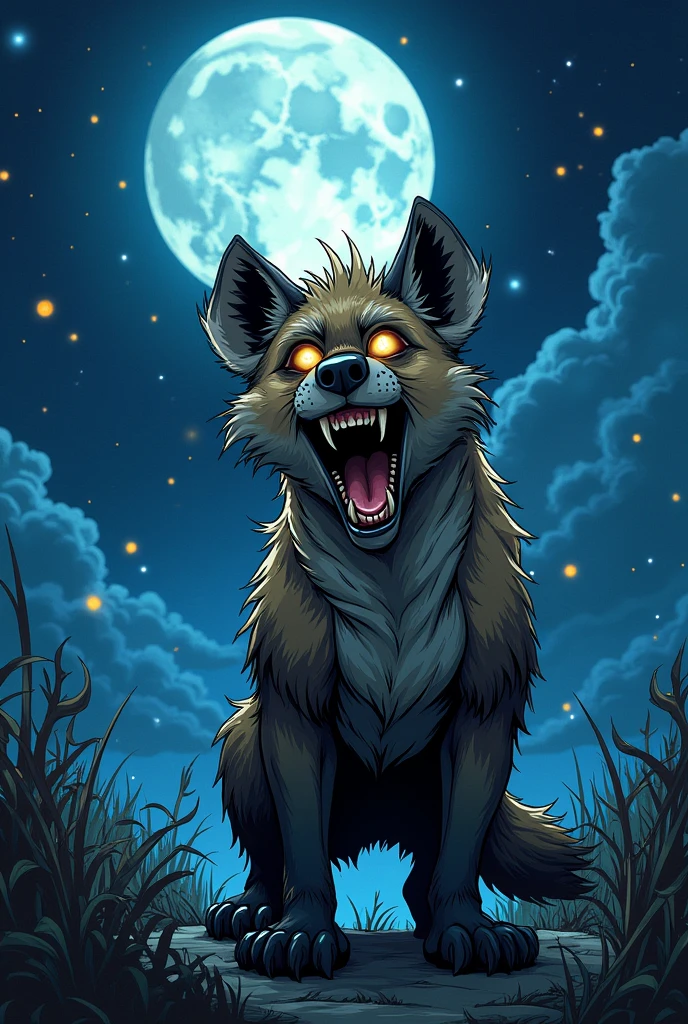 A mischievous looking hyena laughing, the scene is already night, the sky is filled with a huge moon and bright stars, I want the scene to be dramatic and create a sense of suspense, comic book style.