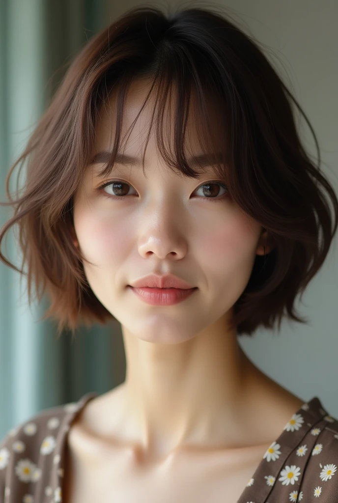 Japanese women、50 years old、Brown Hair、Shortcuts、エプロン姿、Bcup、Embarrassed look、キッチンで