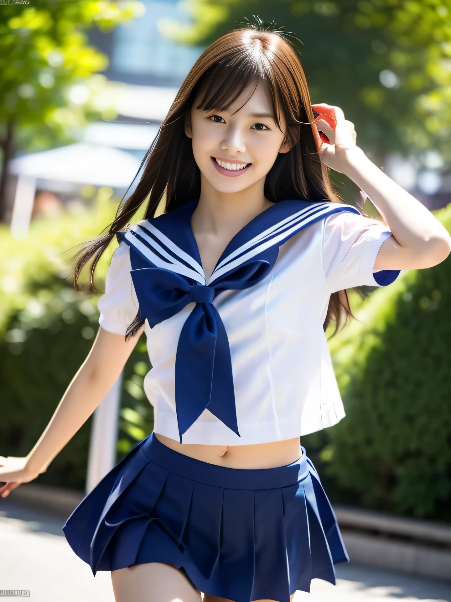 photorealistic, extremely delicate and beautiful, ultra-detailed,(best quality, 8k, 32k, masterpiece, UHD:1.2), Photo of 17yo erotic cute Japanese model running through the scramble crossing in Shibuya with many schoolgirls, summer sailor costume school uniform, short sleeve, dark blue pleated skirt, low-rise miniskirt, (navel, forehead), long hair, charming look, charming figure, delicate body shape, delicate figure, upper teeth, kindly smile, young sensual gravure idol, young thin gravure idol, young pretty gravure idol, young gravure idol, young gravure idol, sophisticated gravure idol,