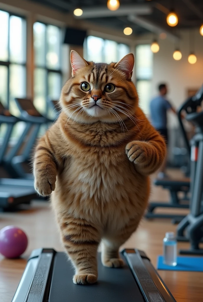 A huge chubby cat in a gym centre to loose his Weight 